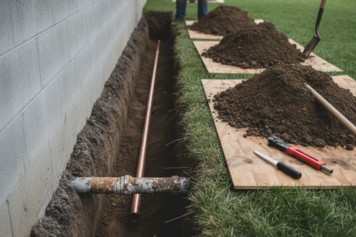 Excavated water line trench during Water Heater Repair in Orfordville